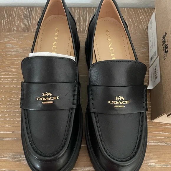 Coach Black Leather Women's Loafers with Gold Detail - Picture 2 of 5